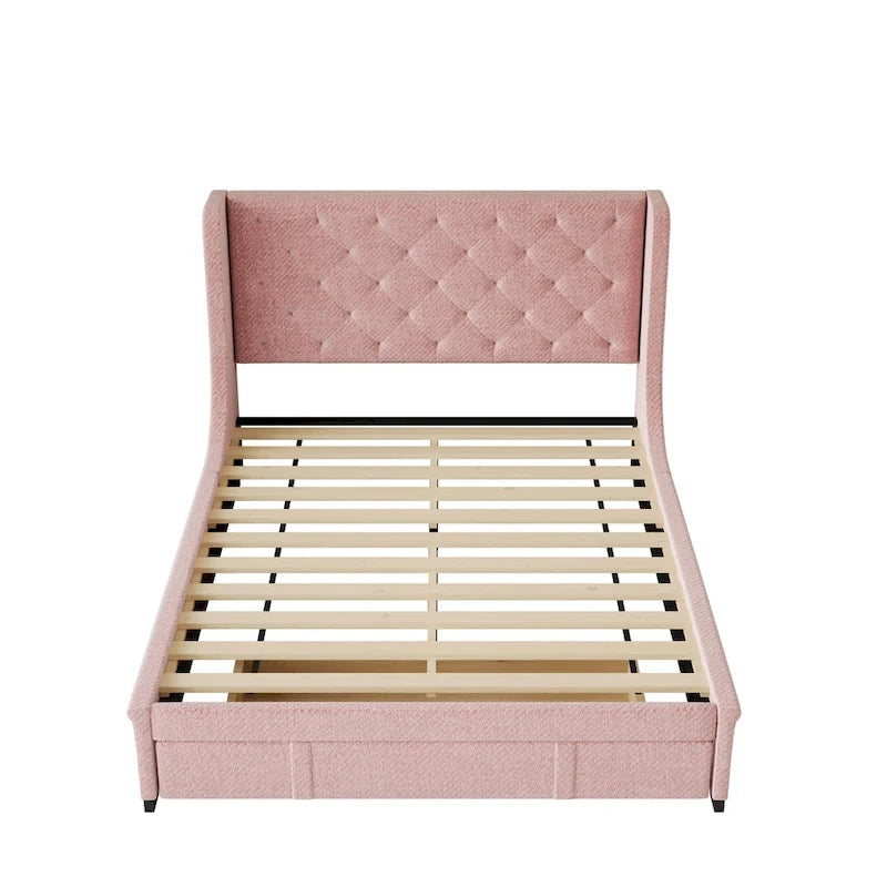 Lit plateforme rembourré Queen Size avec tête de lit capitonnée à oreilles et tiroir de rangement
