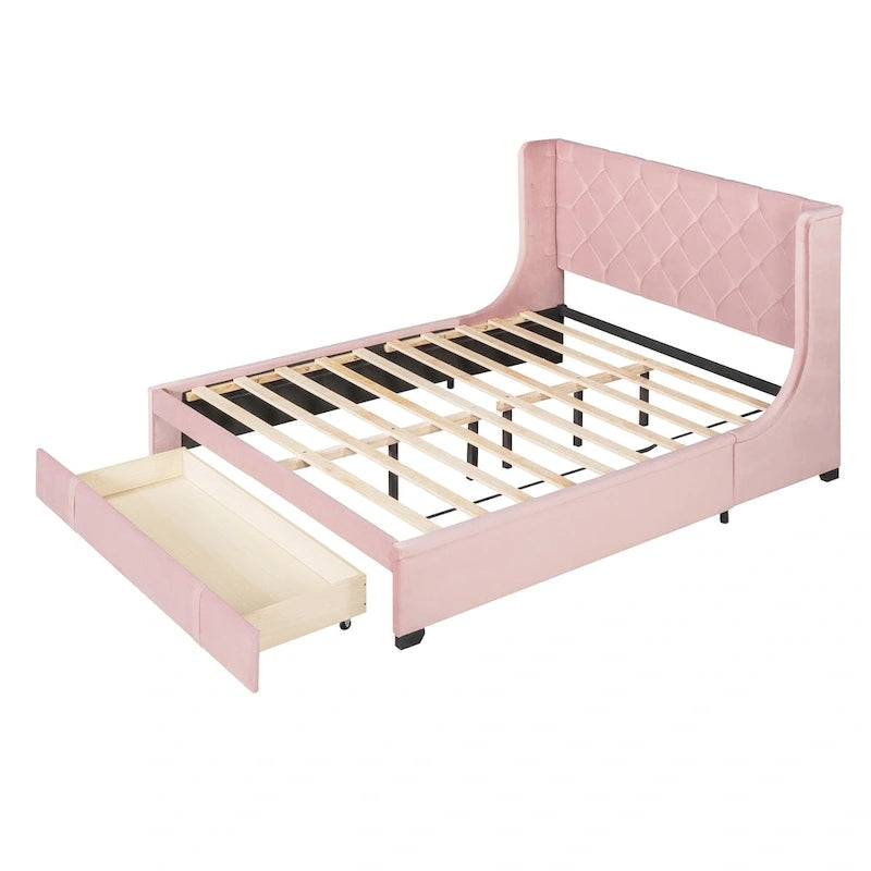 Lit plateforme rembourré Queen Size avec tête de lit capitonnée à oreilles et tiroir de rangement
