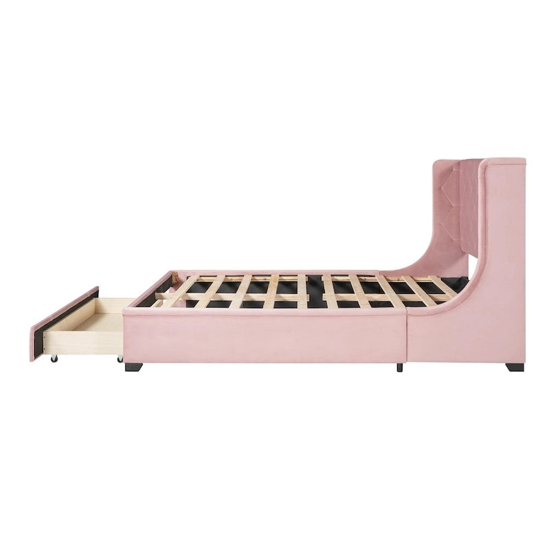 Lit plateforme rembourré Queen Size avec tête de lit capitonnée à oreilles et tiroir de rangement