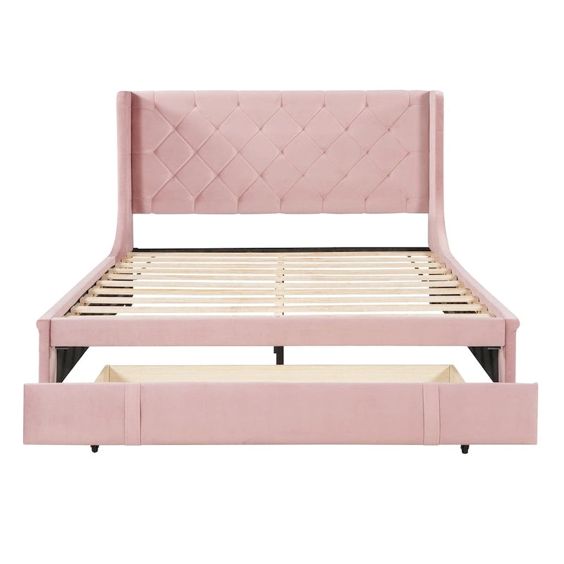 Lit plateforme rembourré Queen Size avec tête de lit capitonnée à oreilles et tiroir de rangement