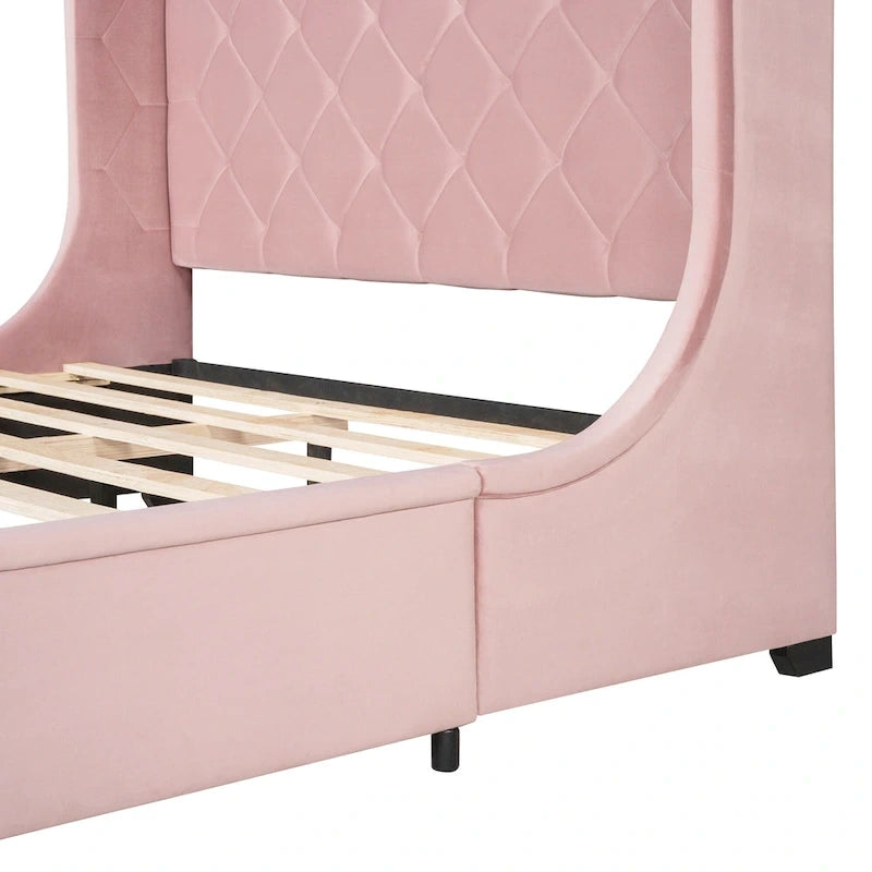 Lit plateforme rembourré Queen Size avec tête de lit capitonnée à oreilles et tiroir de rangement