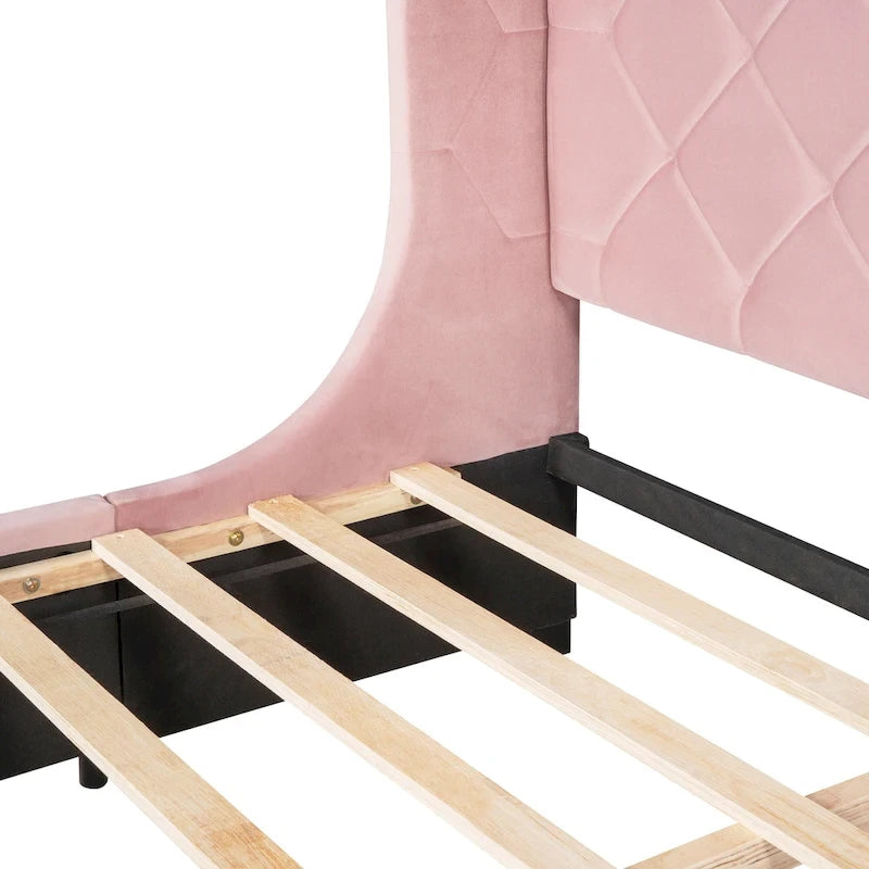 Lit plateforme rembourré Queen Size avec tête de lit capitonnée à oreilles et tiroir de rangement