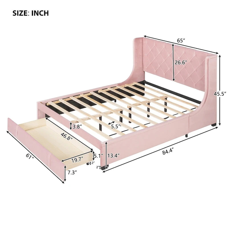 Lit plateforme rembourré Queen Size avec tête de lit capitonnée à oreilles et tiroir de rangement