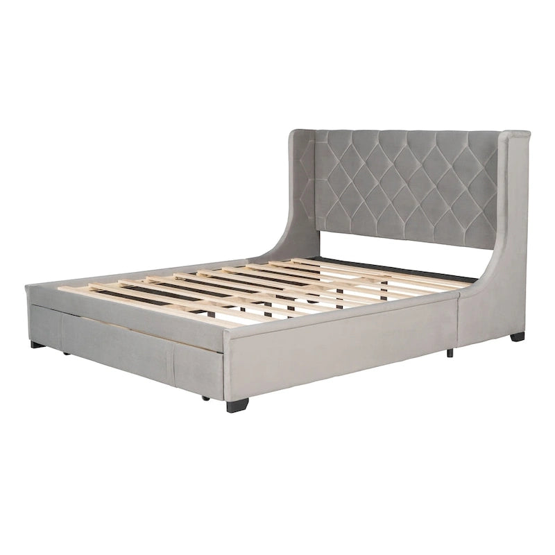 Lit plateforme rembourré Queen Size avec tête de lit capitonnée à oreilles et tiroir de rangement