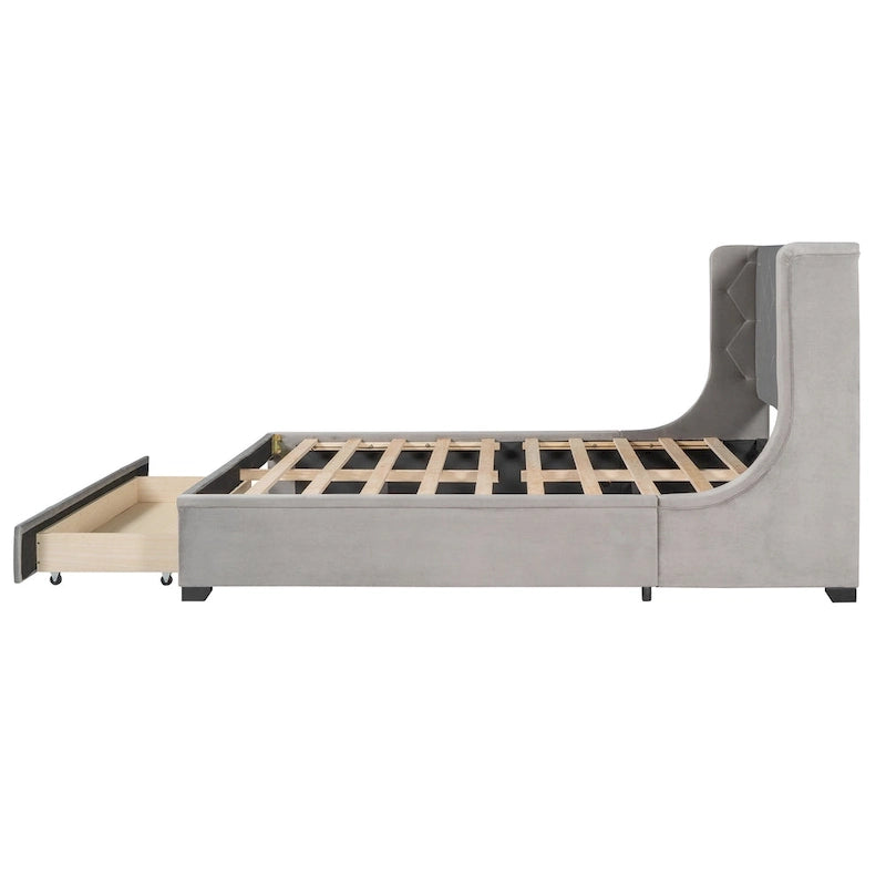 Lit plateforme rembourré Queen Size avec tête de lit capitonnée à oreilles et tiroir de rangement