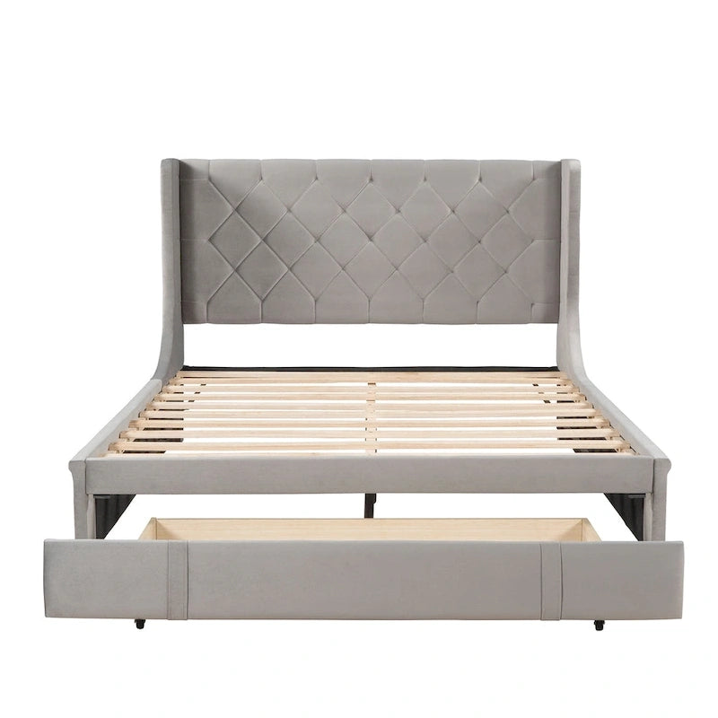 Lit plateforme rembourré Queen Size avec tête de lit capitonnée à oreilles et tiroir de rangement
