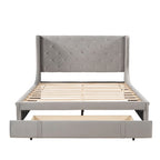 Lit plateforme rembourré Queen Size avec tête de lit capitonnée à oreilles et tiroir de rangement