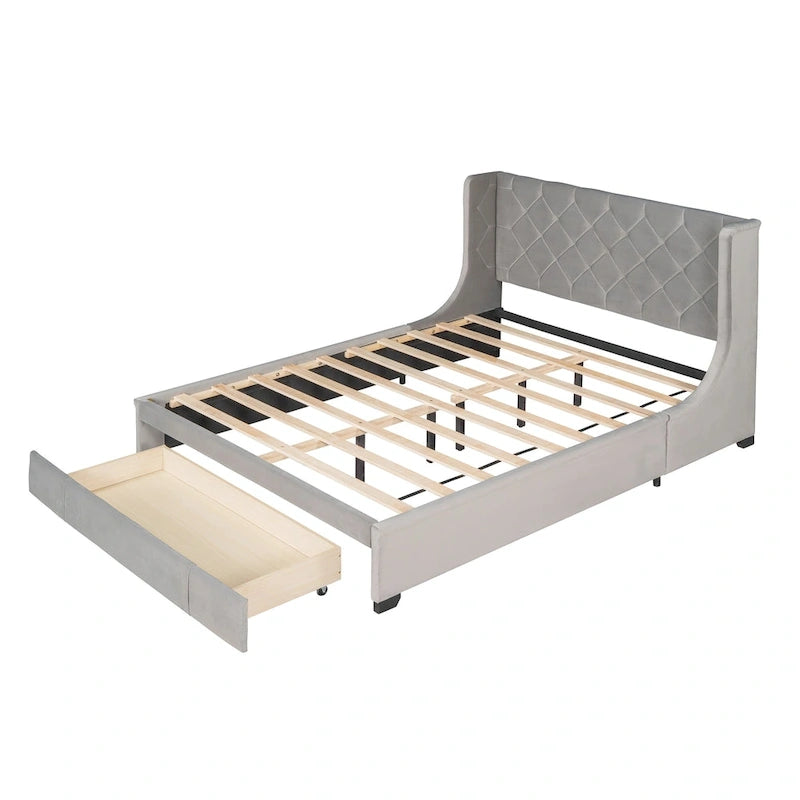 Lit plateforme rembourré Queen Size avec tête de lit capitonnée à oreilles et tiroir de rangement