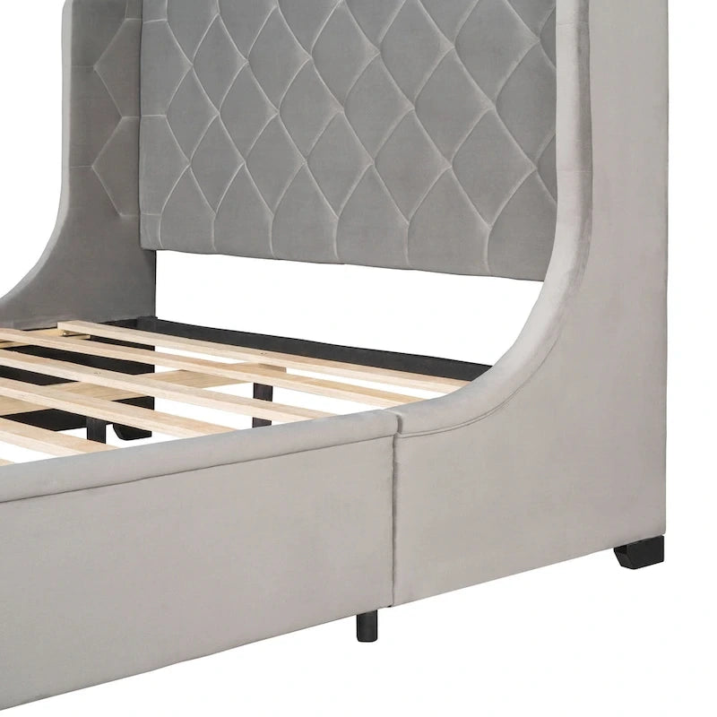 Lit plateforme rembourré Queen Size avec tête de lit capitonnée à oreilles et tiroir de rangement