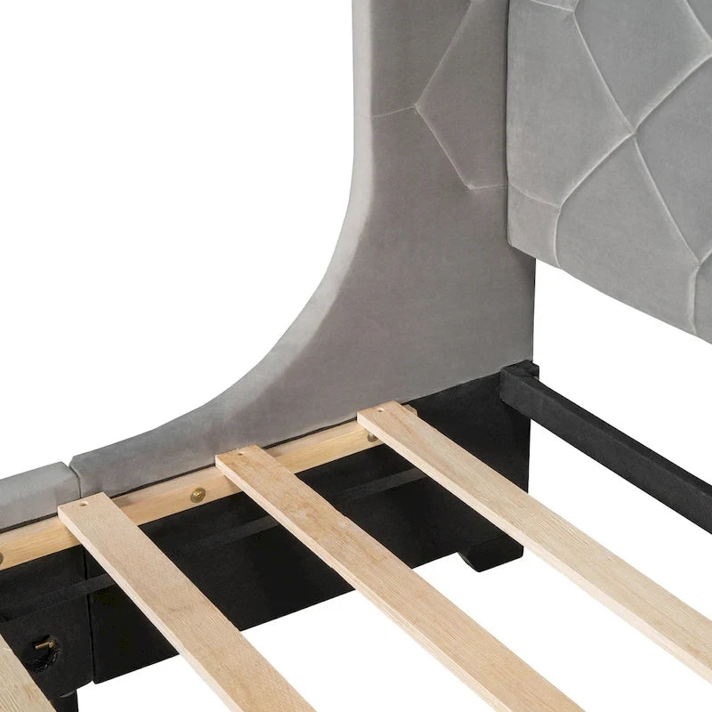 Lit plateforme rembourré Queen Size avec tête de lit capitonnée à oreilles et tiroir de rangement