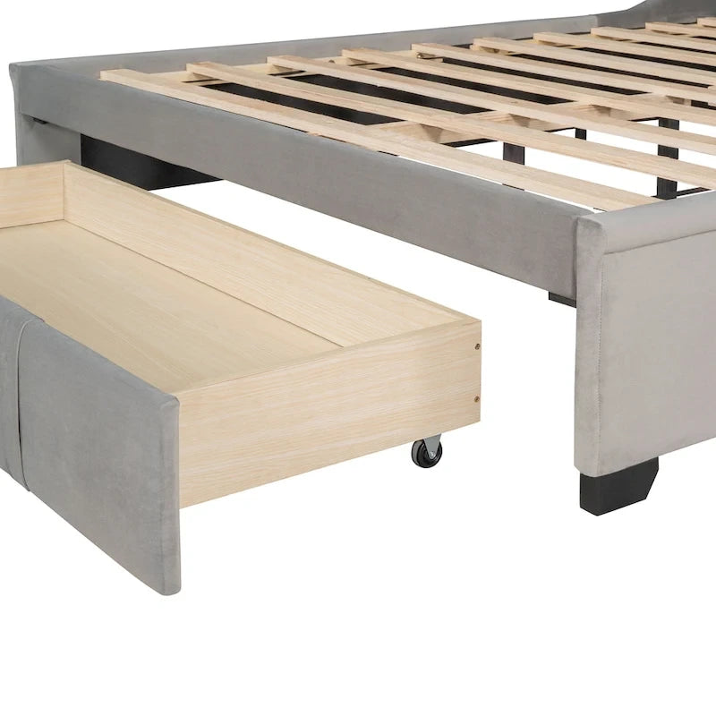 Lit plateforme rembourré Queen Size avec tête de lit capitonnée à oreilles et tiroir de rangement