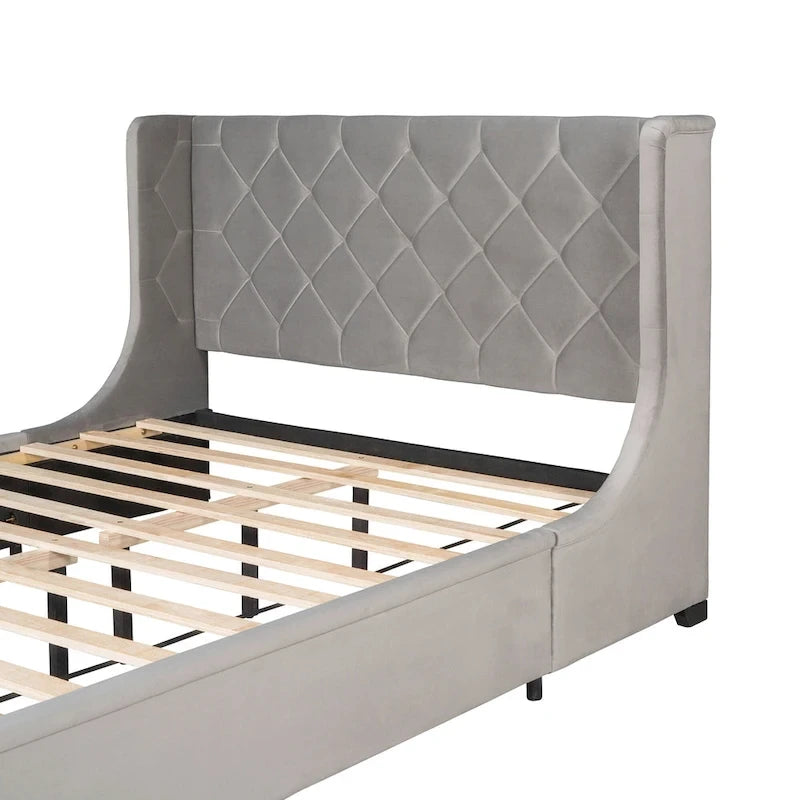 Lit plateforme rembourré Queen Size avec tête de lit capitonnée à oreilles et tiroir de rangement
