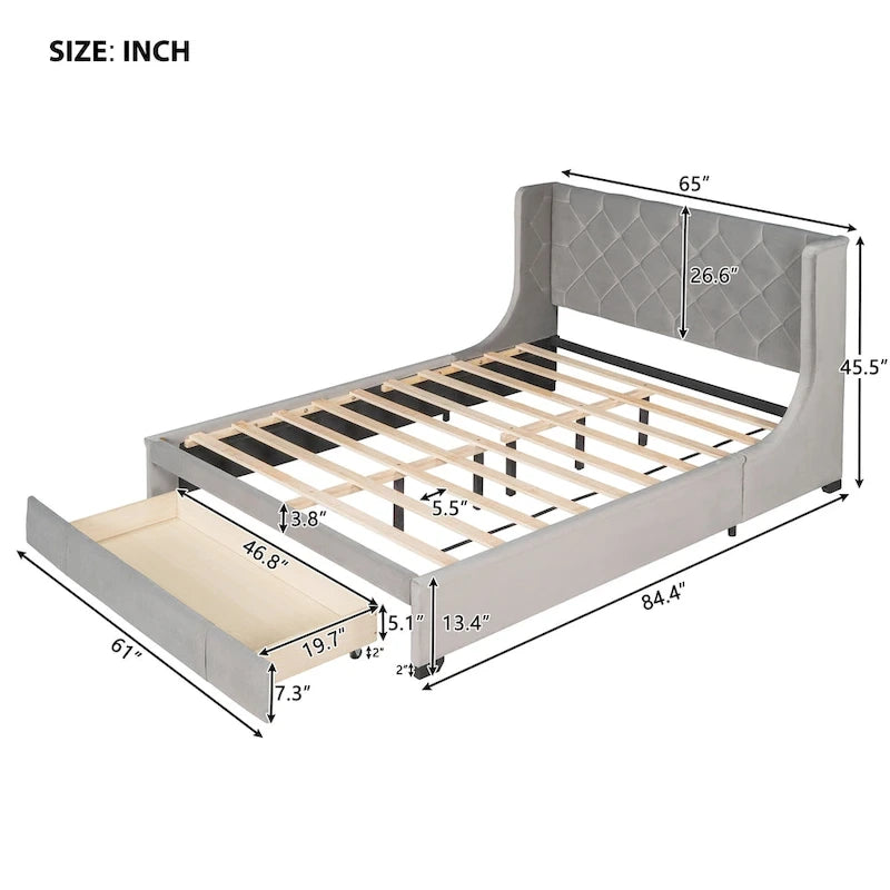 Lit plateforme rembourré Queen Size avec tête de lit capitonnée à oreilles et tiroir de rangement