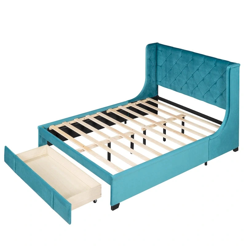 Lit plateforme rembourré Queen Size avec tête de lit capitonnée à oreilles et tiroir de rangement