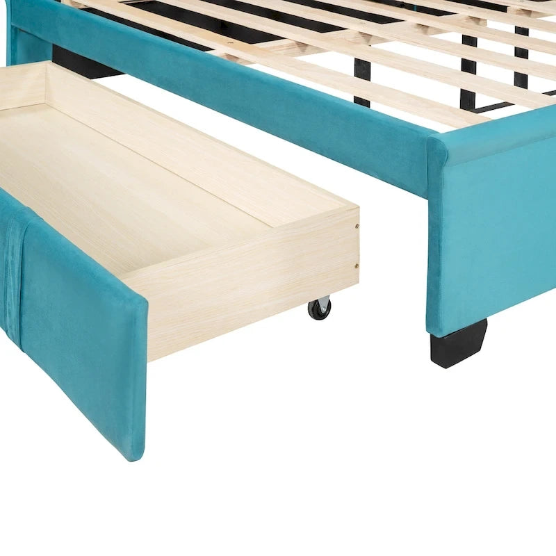 Lit plateforme rembourré Queen Size avec tête de lit capitonnée à oreilles et tiroir de rangement