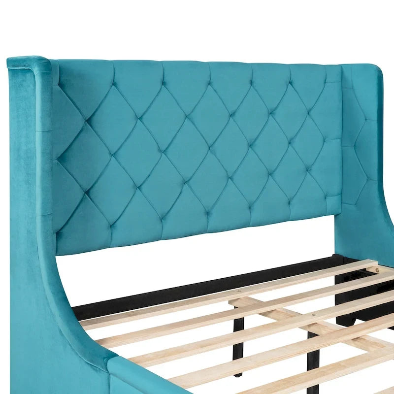 Lit plateforme rembourré Queen Size avec tête de lit capitonnée à oreilles et tiroir de rangement