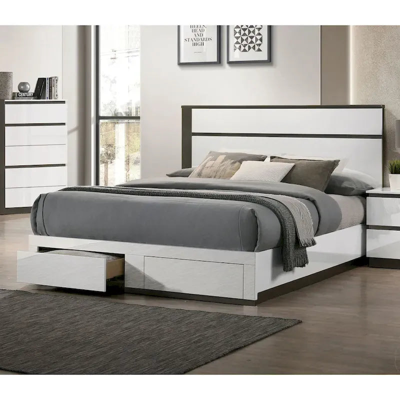 Lit plateforme moderne blanc à 2 tiroirs