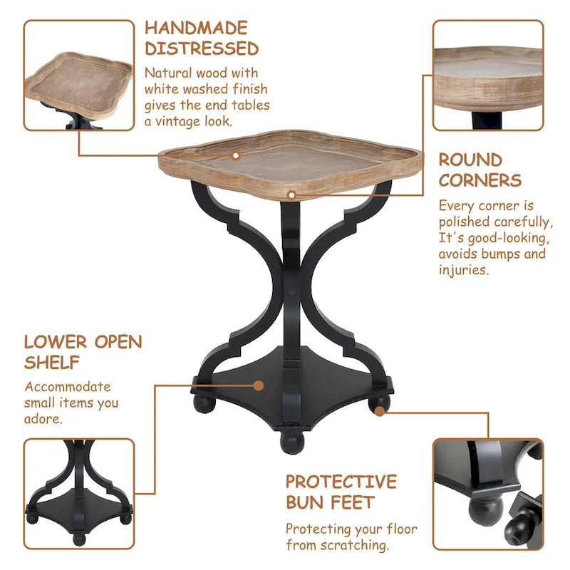 Lot de 2 tables d'appoint rustiques style ferme avec plateau amovible