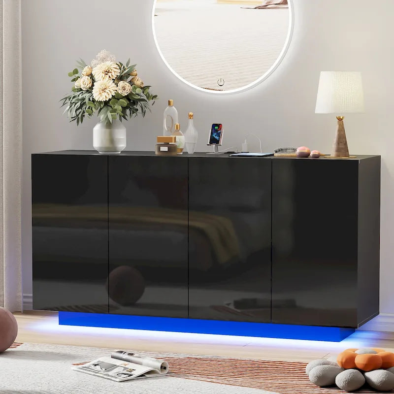 Buffet avec lumières LED et portes brillantes