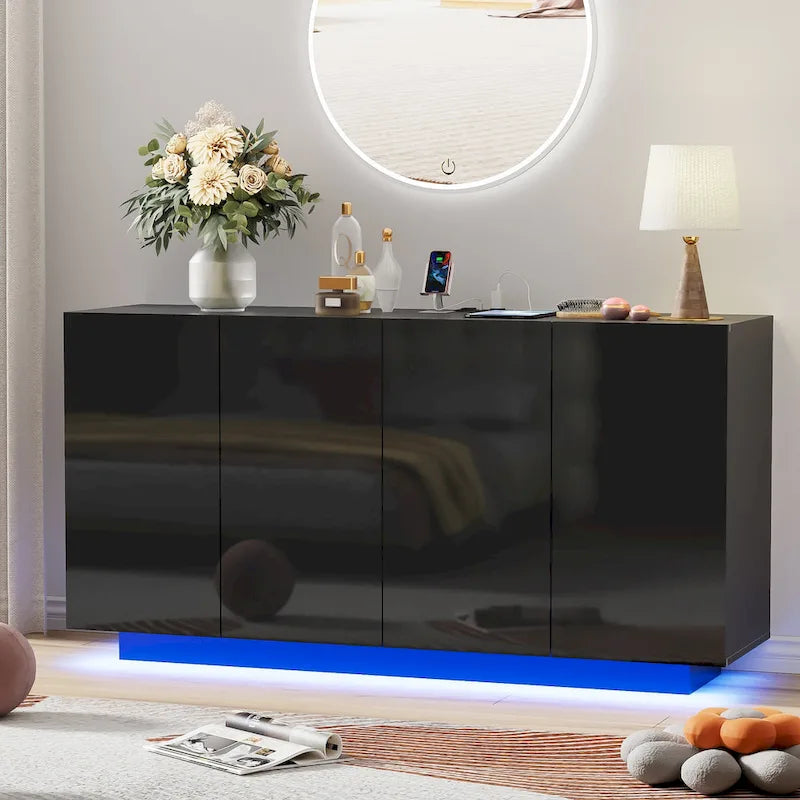 Buffet avec lumières LED et portes brillantes