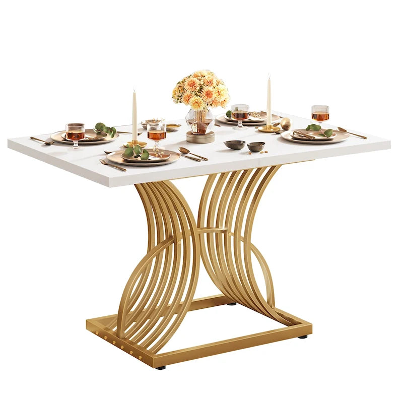 Table à manger rectangulaire pour 4 personnes, blanc et doré