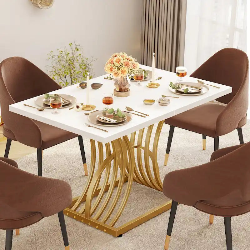 Table à manger rectangulaire pour 4 personnes, blanc et doré