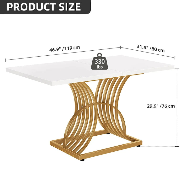 Table à manger rectangulaire pour 4 personnes, blanc et doré