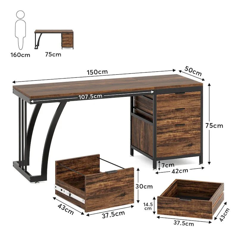 Bureau informatique de 59 pouces avec 3 tiroirs réversibles