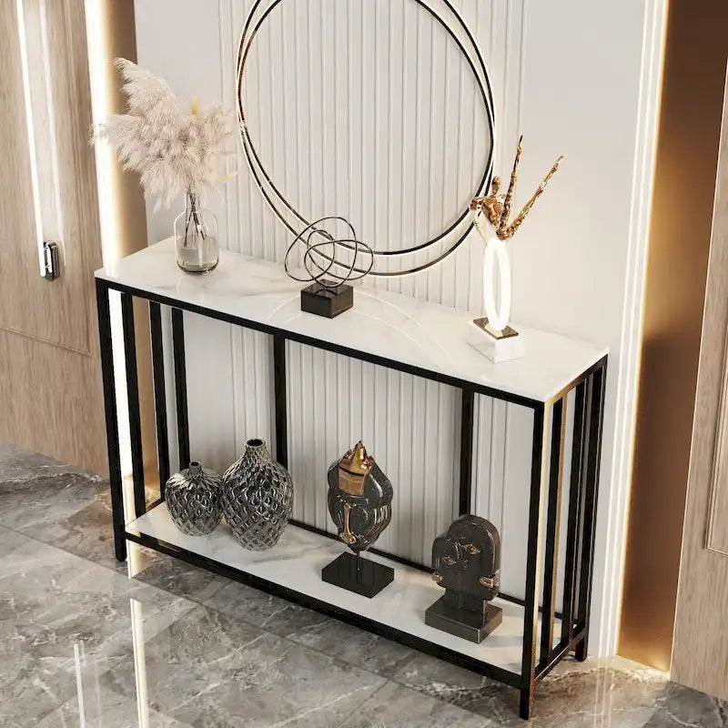 Console en pierre frittée avec cadre en métal noir – 2 niveaux, 120x30x78 cm