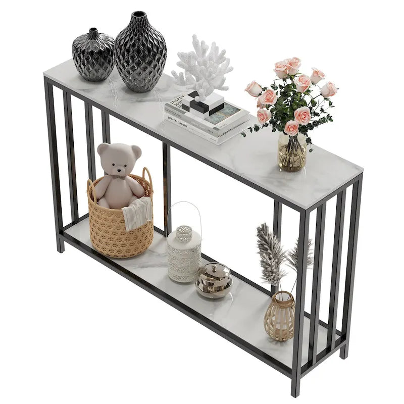 Console en pierre frittée avec cadre en métal noir – 2 niveaux, 120x30x78 cm