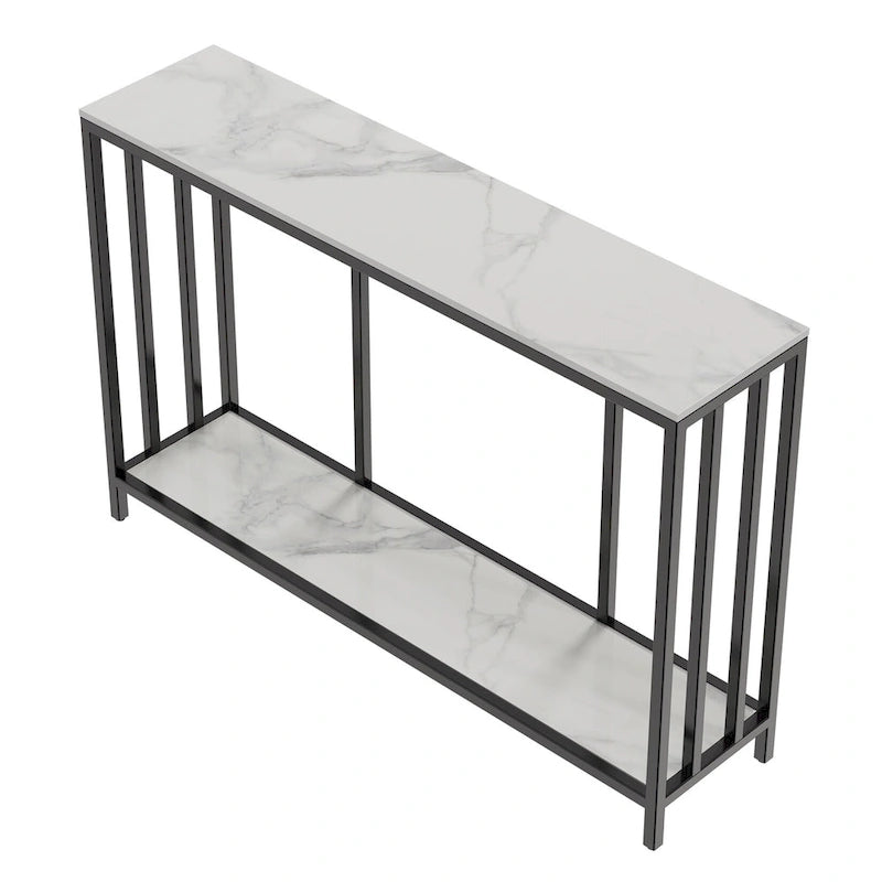 Console en pierre frittée avec cadre en métal noir – 2 niveaux, 120x30x78 cm