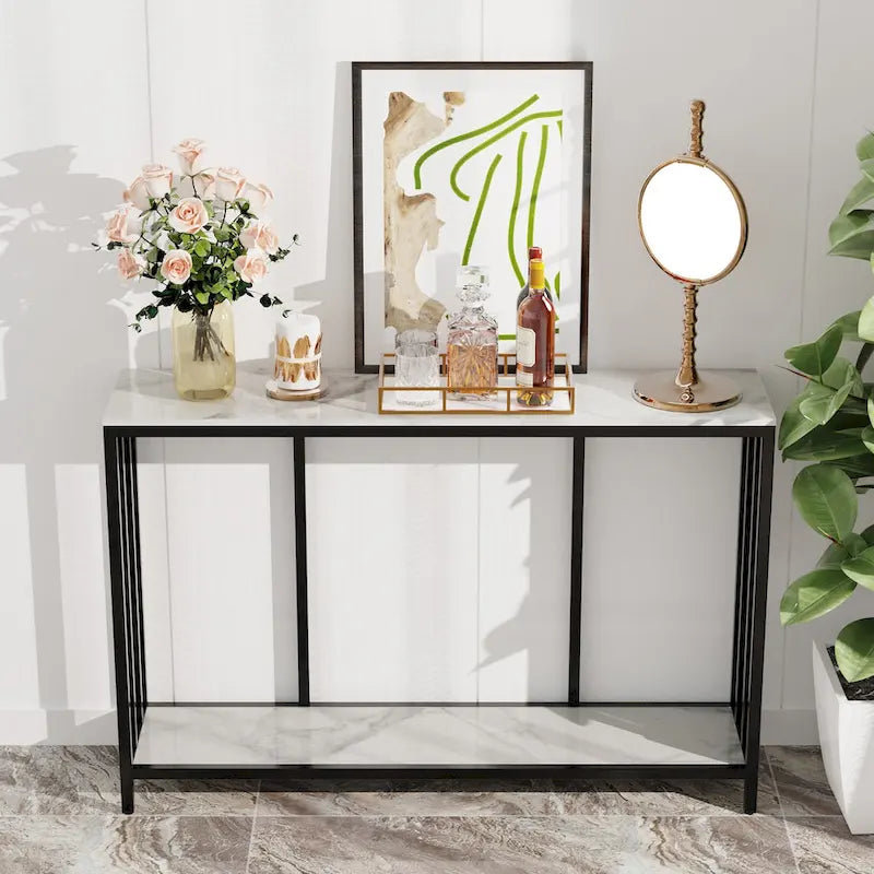Console en pierre frittée avec cadre en métal noir – 2 niveaux, 120x30x78 cm