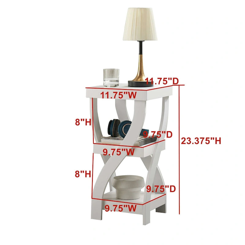 Table d'appoint avec pieds incurvés et étagères de rangement, blanc