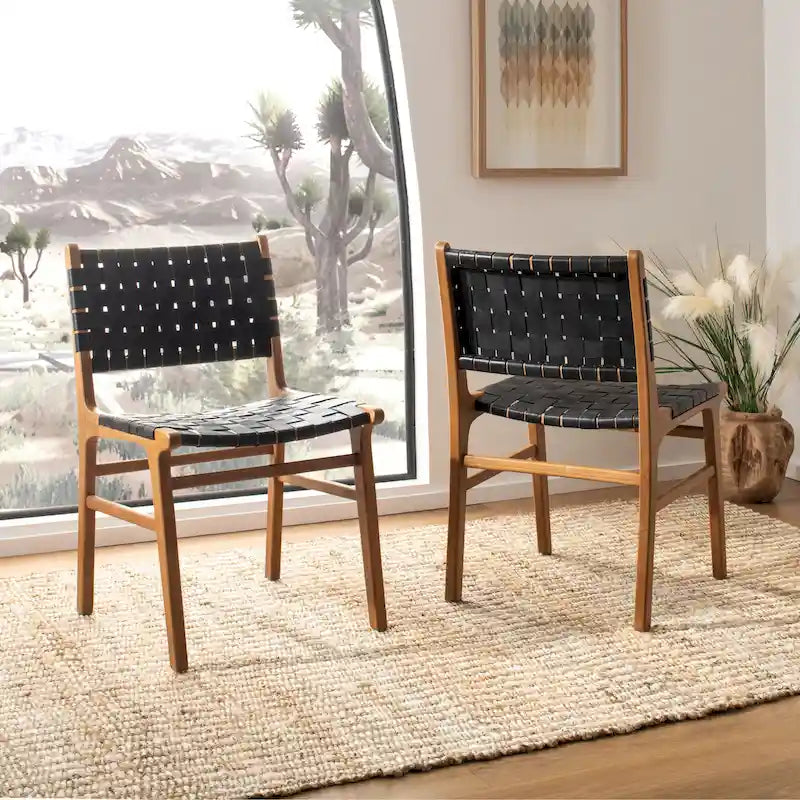 Chaises de salle à manger en cuir tressé avec cadre en bois – Lot de 2