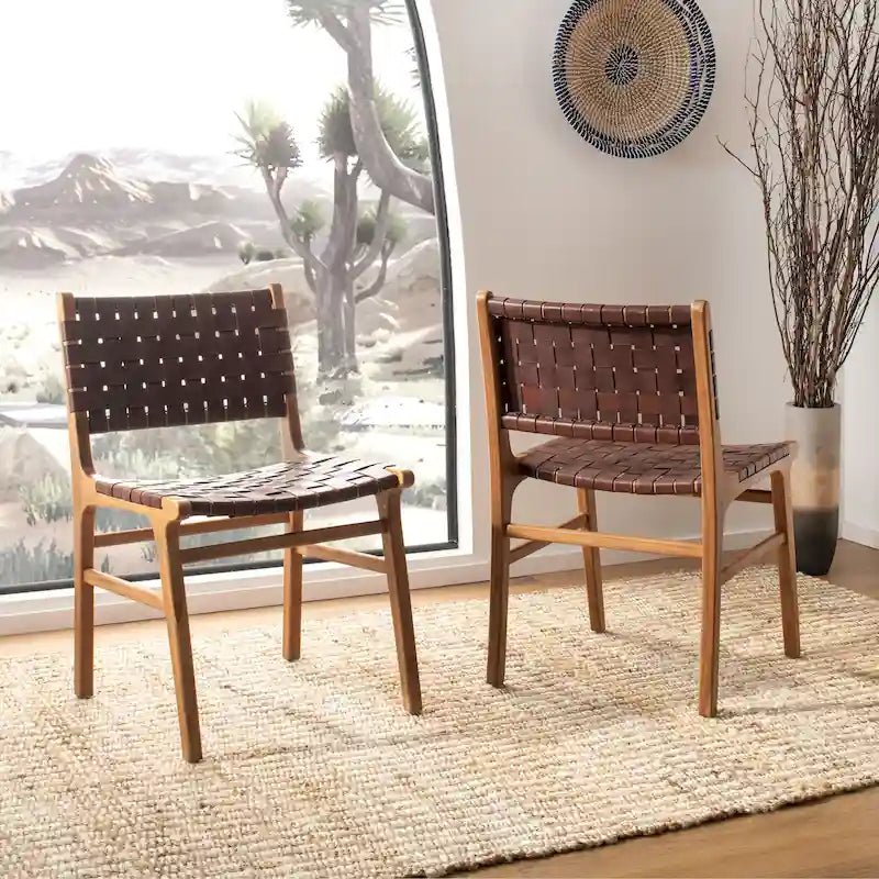 Chaises de salle à manger en cuir tressé avec cadre en bois – Lot de 2