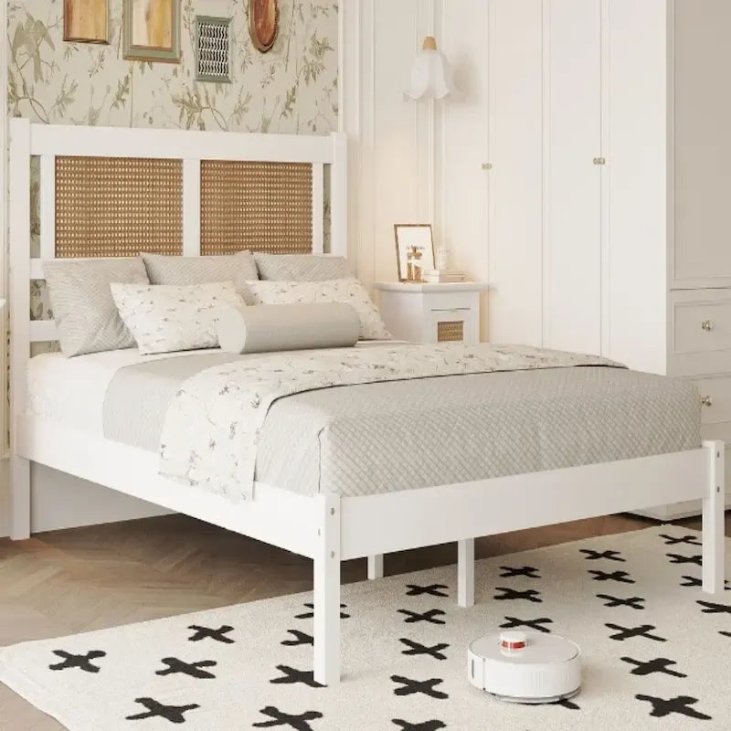 Queen Size Wood Platform Bed with Natural Rattan Headboard,Exquisite Elegance with Minimalist Charm