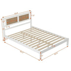 Lit plateforme en bois Queen Size avec tête de lit en rotin