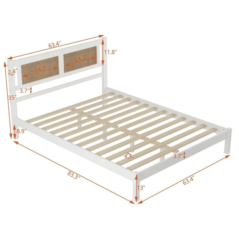 Lit plateforme en bois Queen Size avec tête de lit en rotin