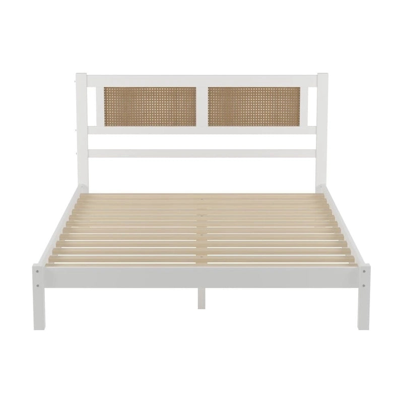 Lit plateforme en bois Queen Size avec tête de lit en rotin