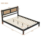 Lit plateforme en bois Queen Size avec tête de lit en rotin