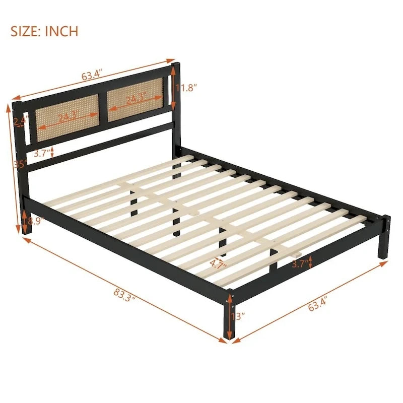 Lit plateforme en bois Queen Size avec tête de lit en rotin
