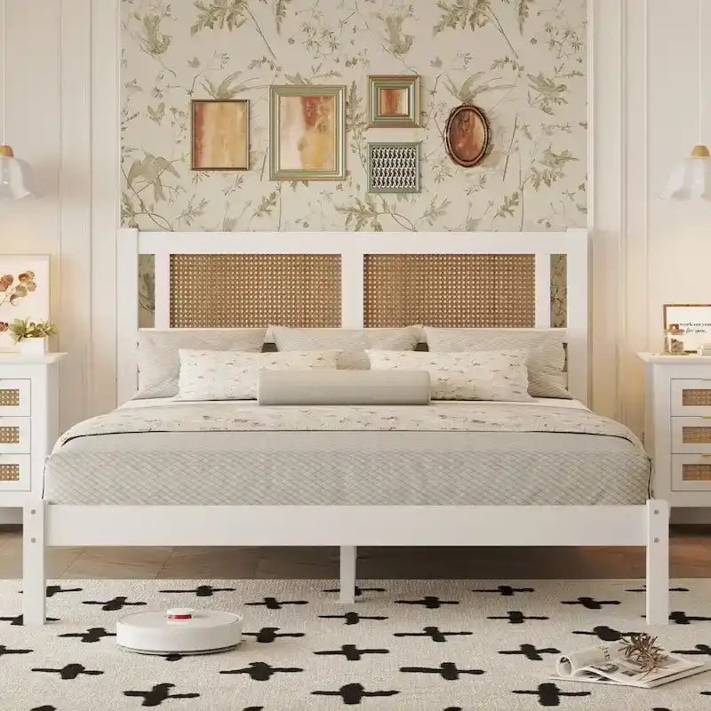 Lit plateforme en bois Queen Size avec tête de lit en rotin