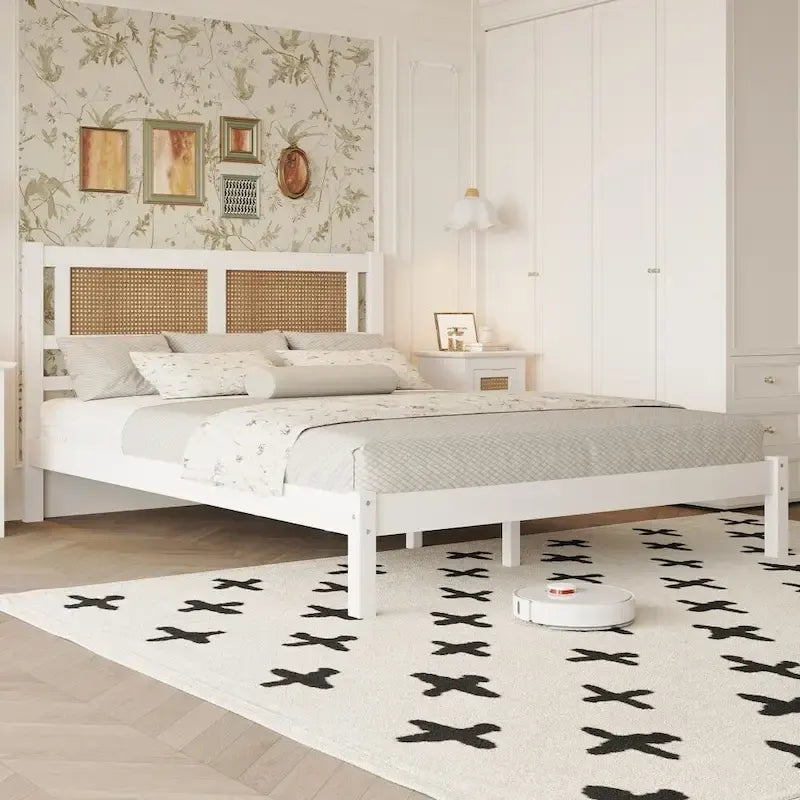 Lit plateforme en bois Queen Size avec tête de lit en rotin