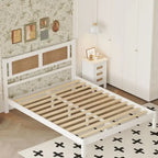Lit plateforme en bois Queen Size avec tête de lit en rotin