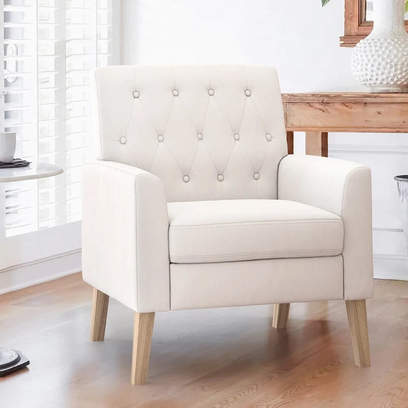 Fauteuil d'appoint en lin de style Mid-Century Modern avec dossier capitonné