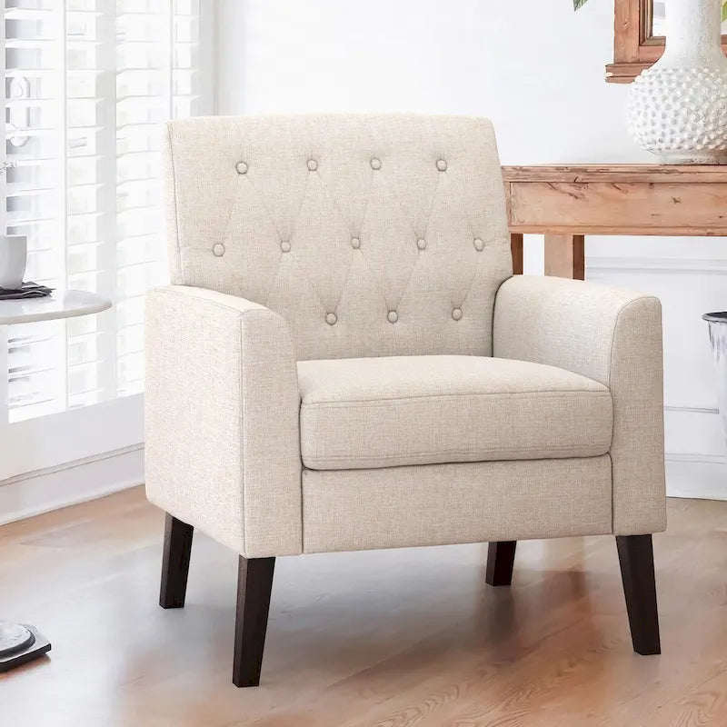 Fauteuil d'appoint en lin de style Mid-Century Modern avec dossier capitonné