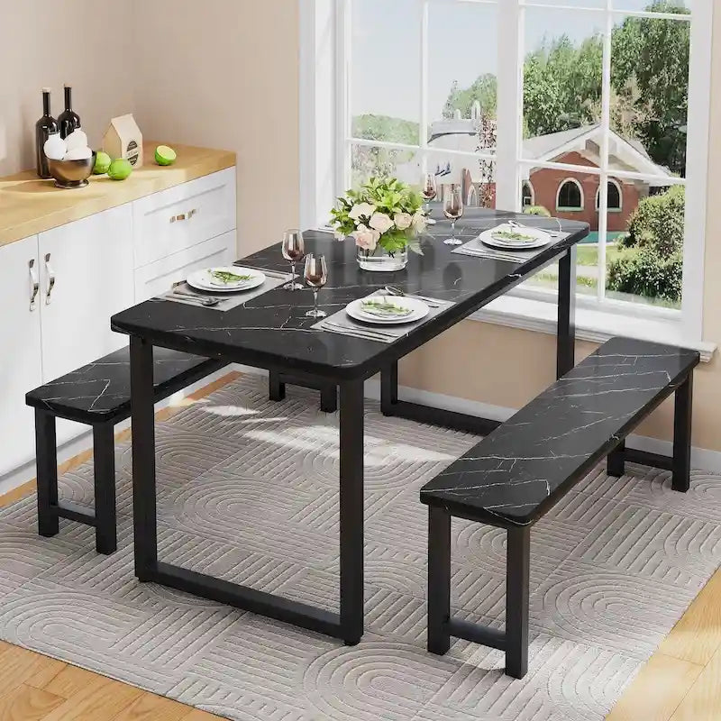 Ensemble table et banc de salle à manger 3 pièces avec surface effet marbre