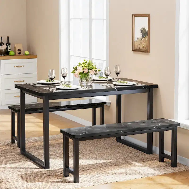 Ensemble table et banc de salle à manger 3 pièces avec surface effet marbre
