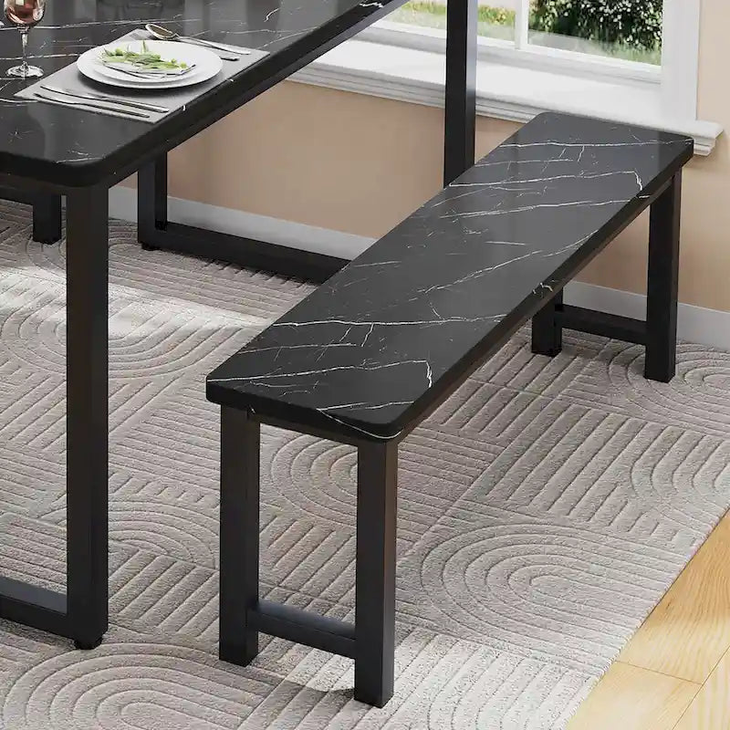 Ensemble table et banc de salle à manger 3 pièces avec surface effet marbre