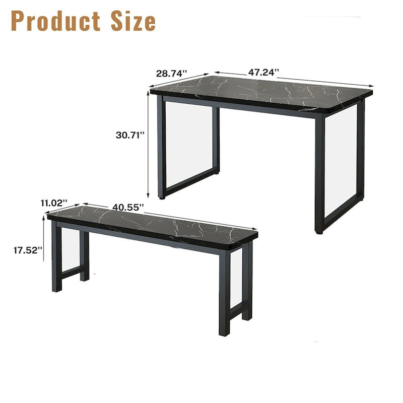 Ensemble table et banc de salle à manger 3 pièces avec surface effet marbre
